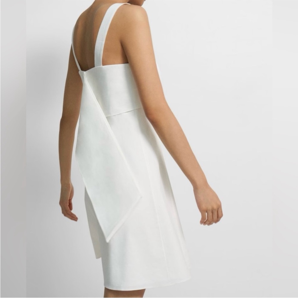 Theory Drape Back Mini Dress‎ in Stretch Linen White NWT Bow Solid Eco Crunch - Picture 3 of 15